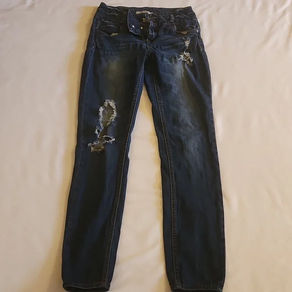 Vintage Y2K Refuge Dark Blue Distressed Skinny Jeans Women's Size 2 - Picture 14 of 16